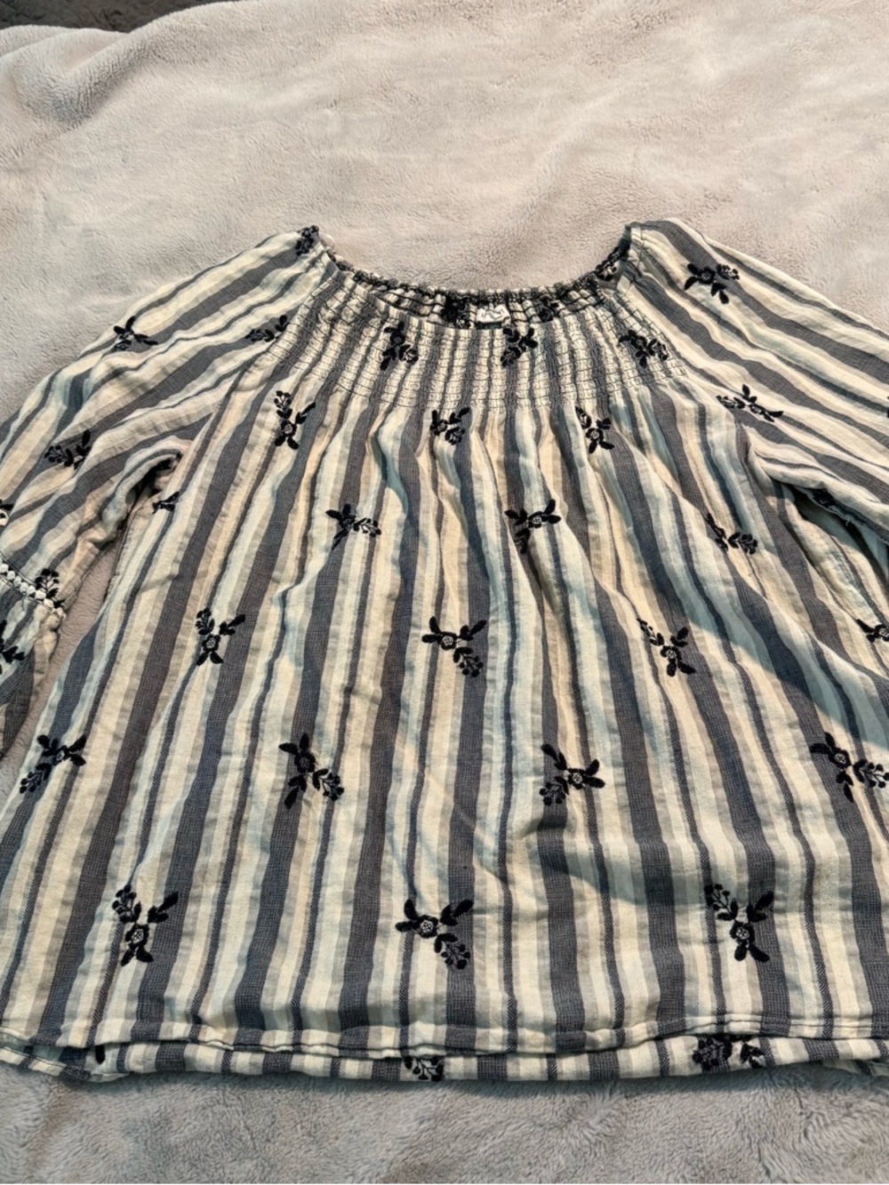 Westport Blue & White Striped Embroidered Peasant Blouse